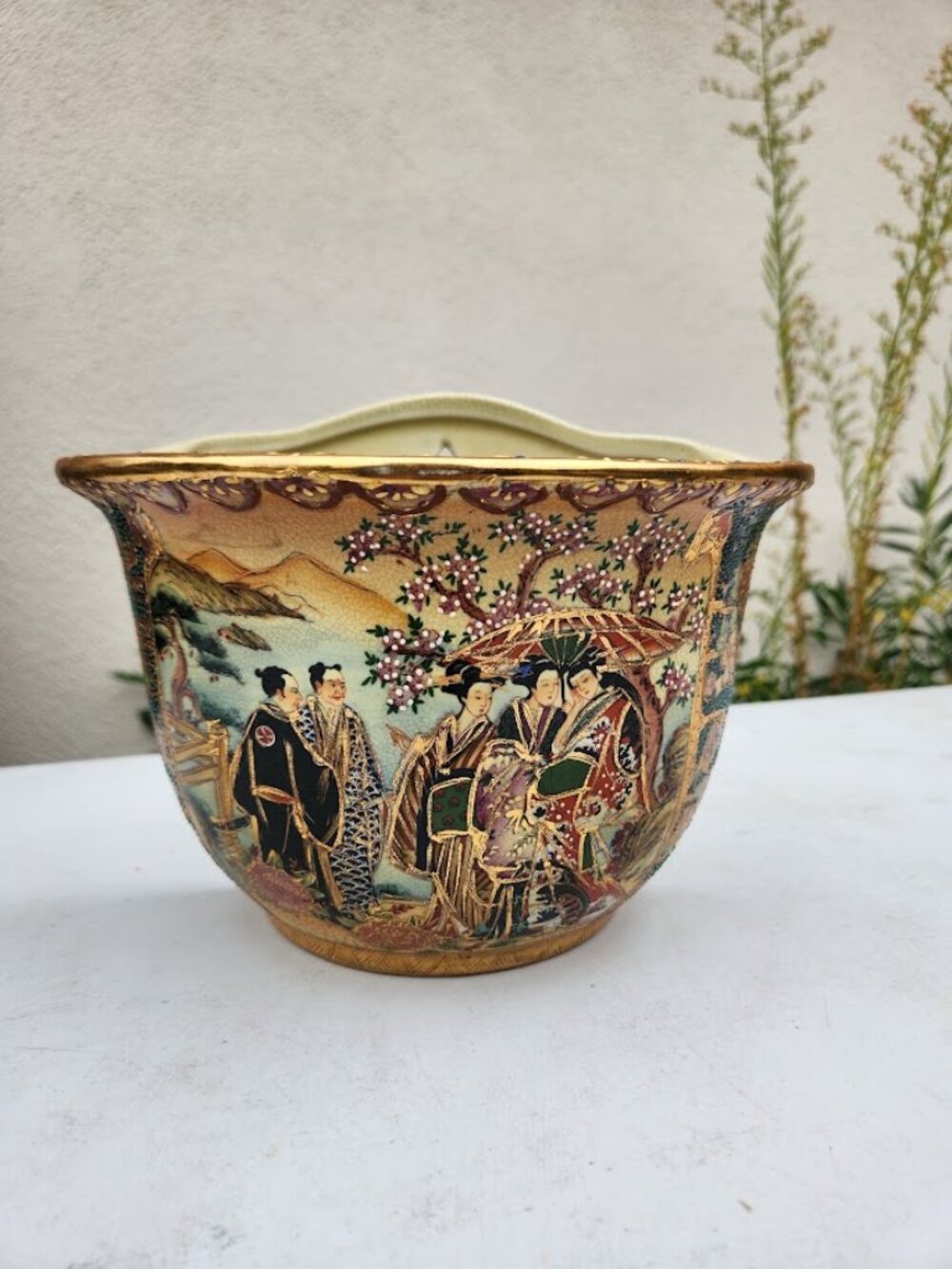 Vintage Ceramic Satsuma Style Wall Pocket Planter Geisha Garden Decor Wall Art